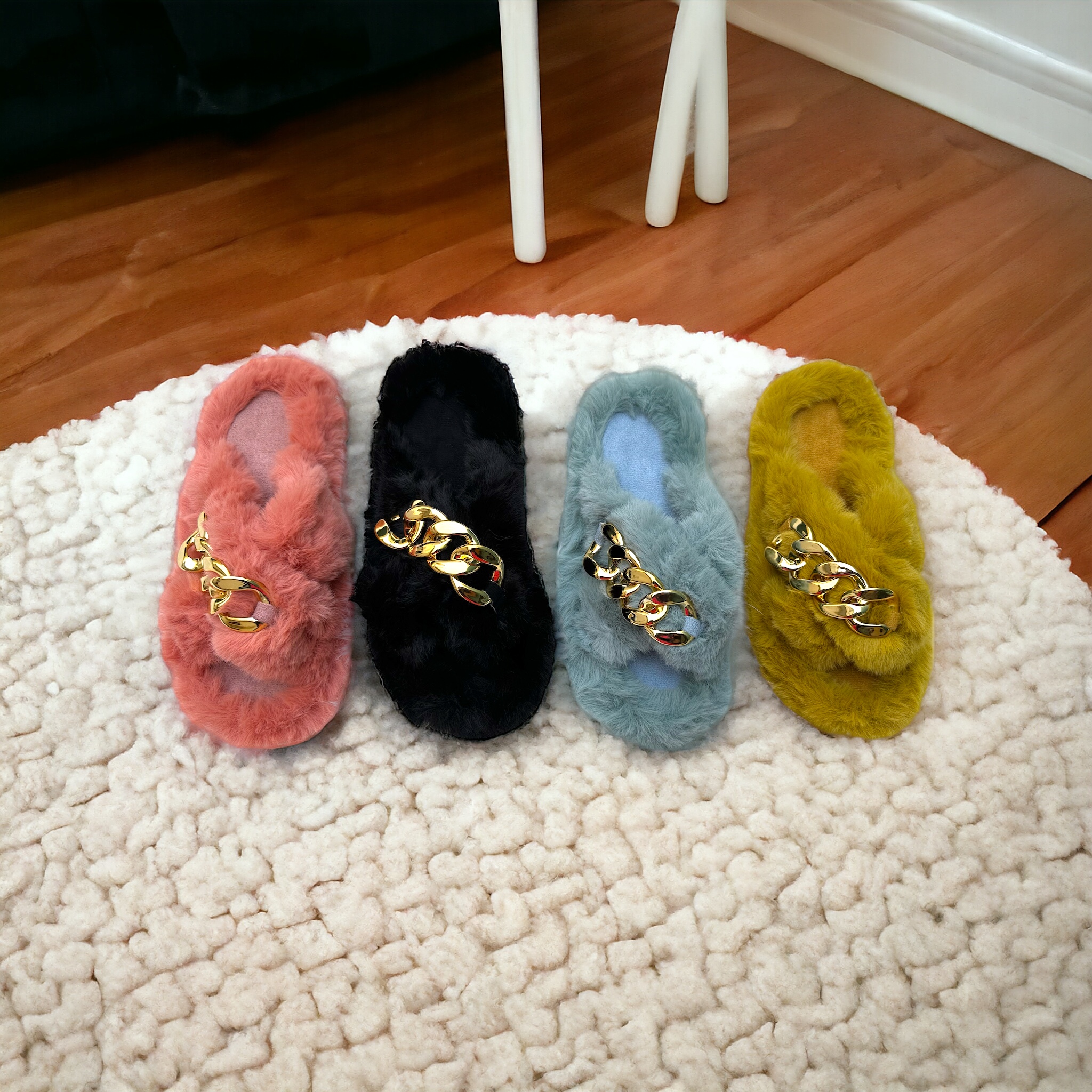 criss cross faux fur slides